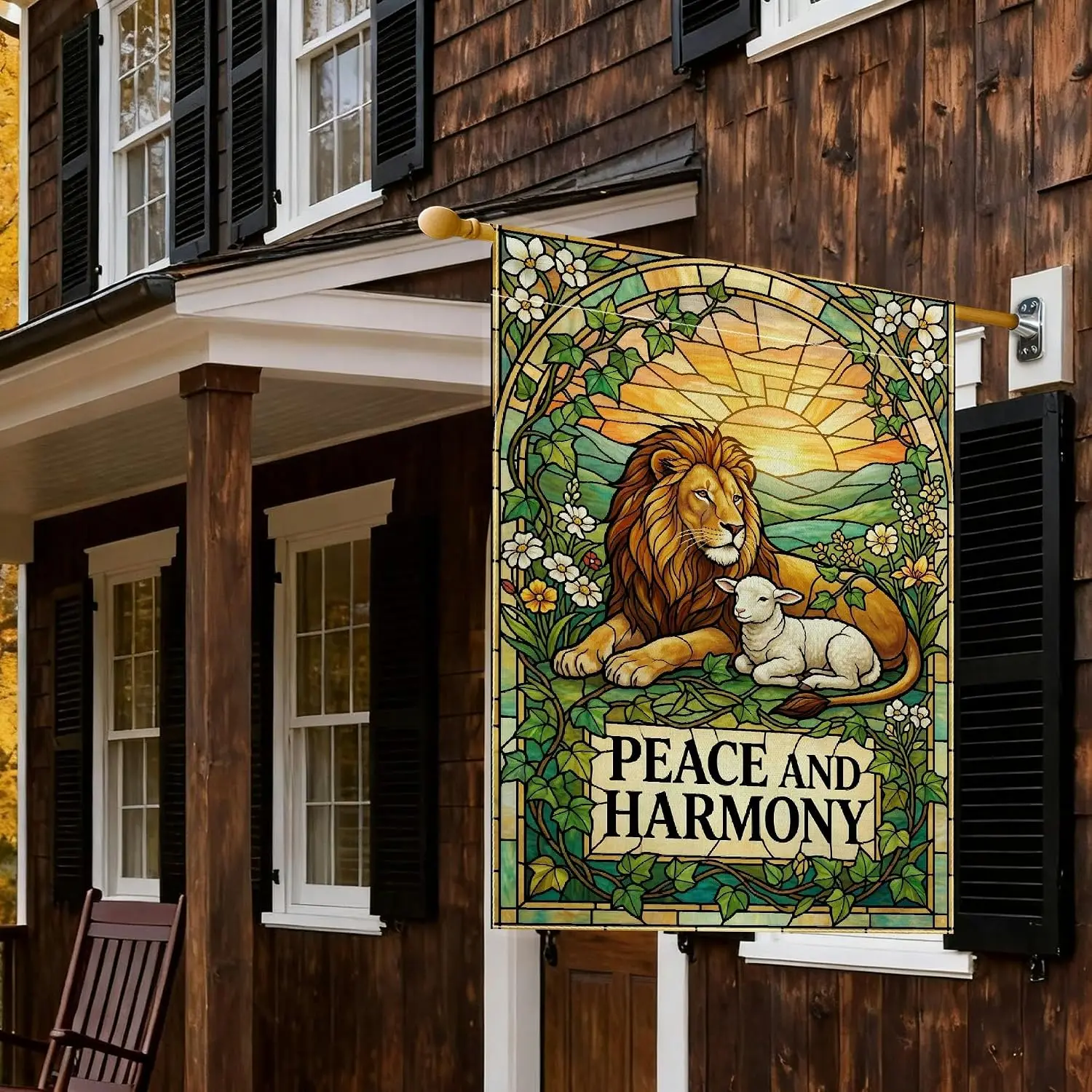 Lion House Flag, Stained Glass Nature Lamb Flowers Spring Green Burlap Double Sided Outside Large Garden Flag for Outdoor Pa kkz