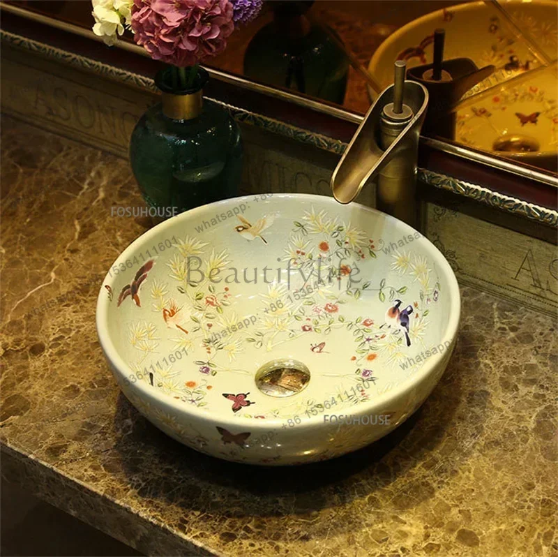 FG American Ceramic Bathroom Sinks Retro Basin Countertop Washbasin Round Bowl Sink Balcony Washing Hand Basin Bathroom Furnitur
