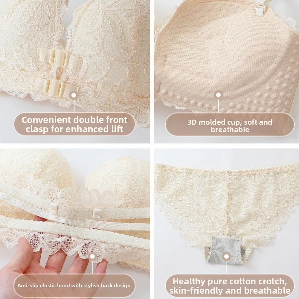 Beautiful Back Deep V Front Button Bra Underwear Anti-sagging Wireless Bra Push-Up Lace Gathered Bra Daily Wear