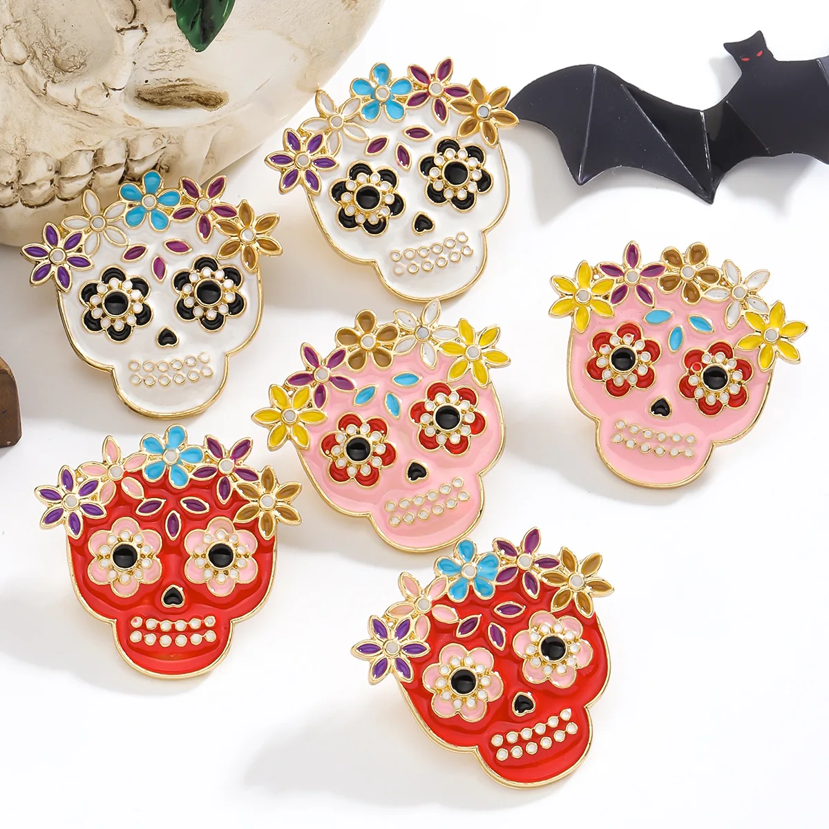 New Day of the Dead cute flower skull earrings personalized drip oil design Halloween skull earrings