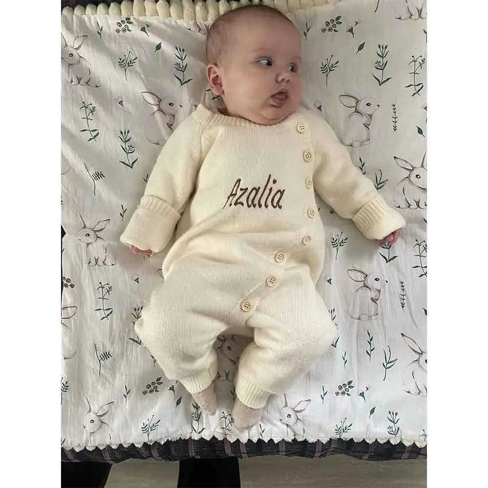 Custom Embroidered Name Baby Knitted Jumpsuit with Hat Set Newborn Boys Girls Cute Crawling Suit Sweater Personalized Birth Gift