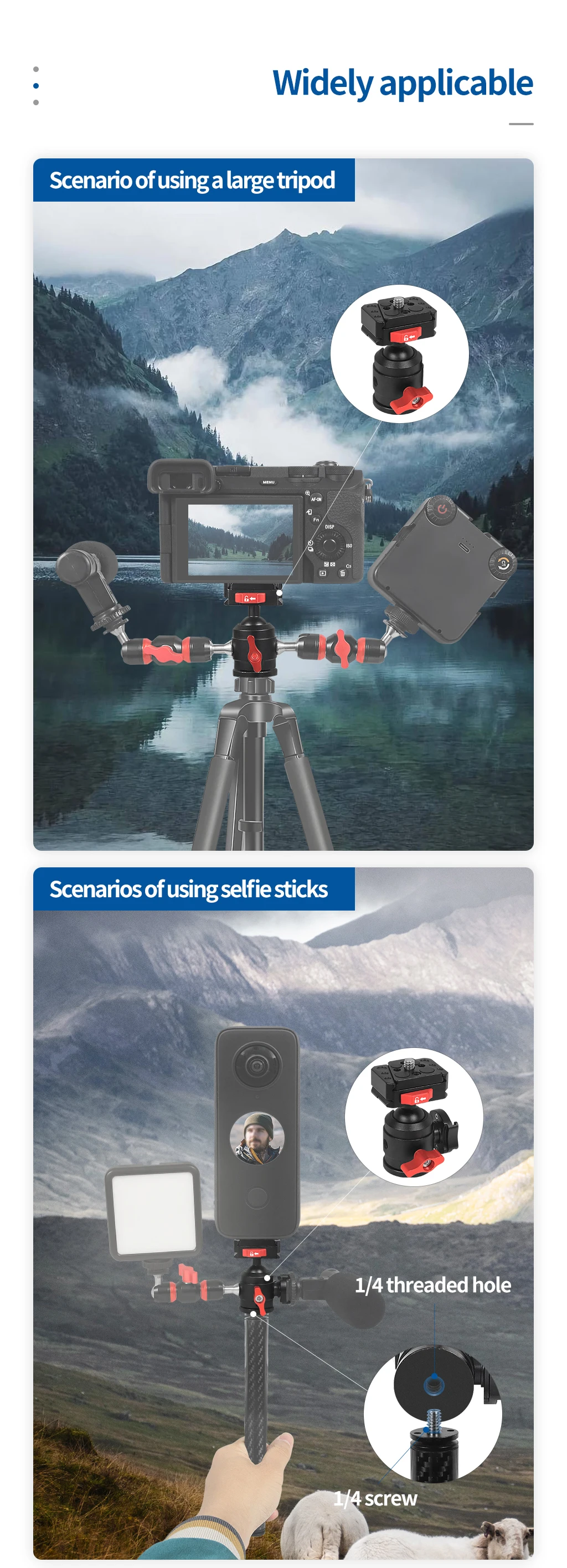 DSLR-Kamera-Stativ-Kugelkopf mit 1/4-Zoll-Gewinde, Cold-Shoe-Halterung, V-Port, Schnellwechselplatte für Fill-Light und Mikrofonständer, max. Belastung 12 kg – Detail 9