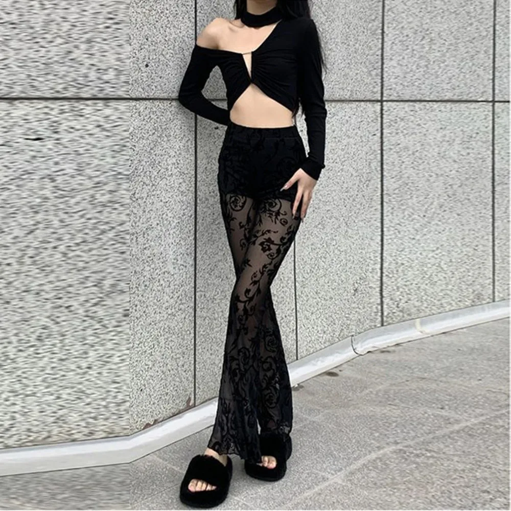 Sexy Lace Wide-leg Pants 2024 Summer Women Cool Black Hollow-out Pants Spice Girl Lace Slim Flare Pants High-waisted Trousers