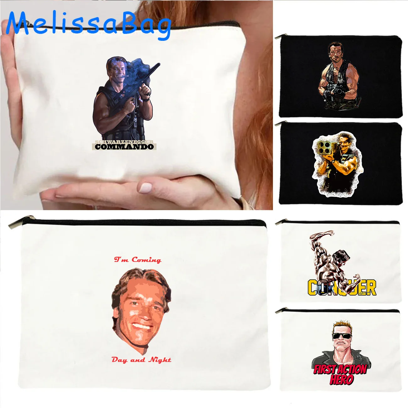 Vintage Retro Arnold Schwarzenegger Terminator Painting Funny Fan Gifts Canvas Cosmetic Makeup Card Bag Pencil Case Zipper Pouch