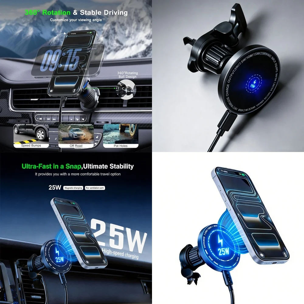 Magnetic Phone Charger Car Holder 25W Wireless Vent Mount 360 Ball Stable Fast Charging for iPhone 17 Samsung S26 Ultra Android