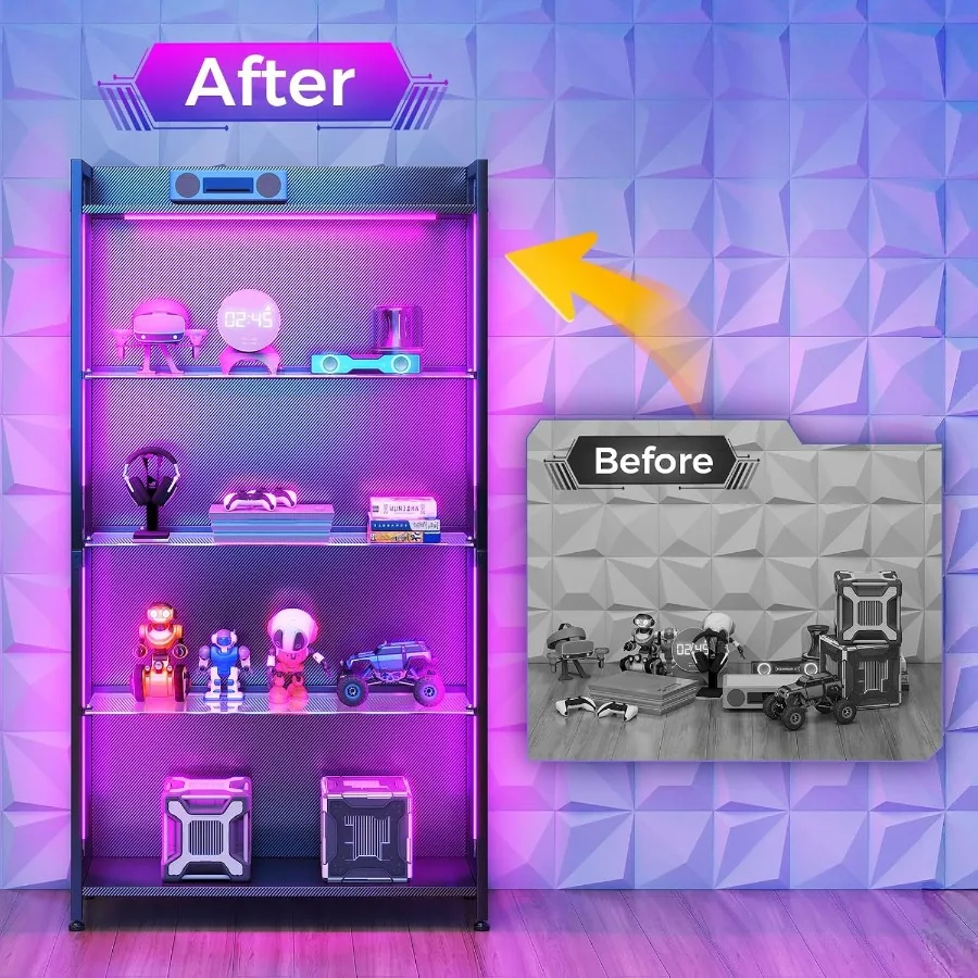 4-Tier Display Case with Tempered Glass Shelves RGB LED Lights for Home/Office, Black Finish, Adjustable Shelving and Soft-Clos view 5