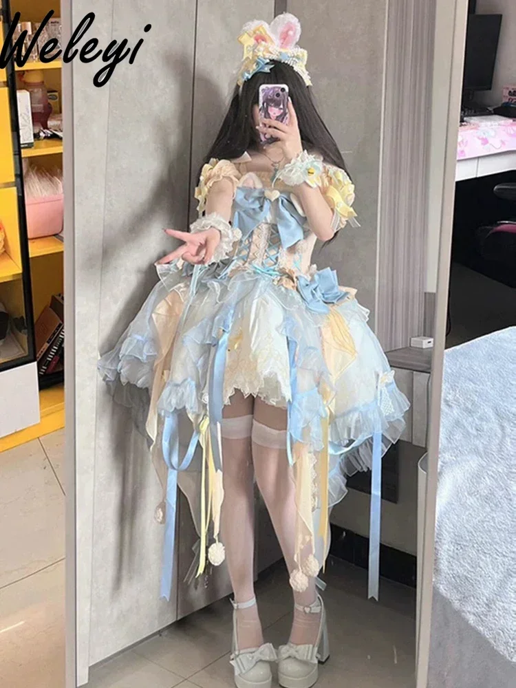 Vestido Lolita amarelo e azul para mulheres, casamento floral, fofo, kawaii, garota mágica, moda, indústria pesada, vestido elegante de princesa