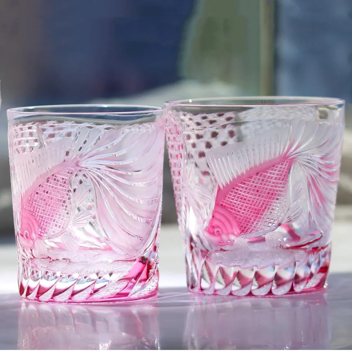 Vaso de whisky Edo Kiriko hecho a mano, dorado y rosa, cortado a mano para vasos transparentes para cóctel, Brandy, rocas heladas, whisky en caja de regalo