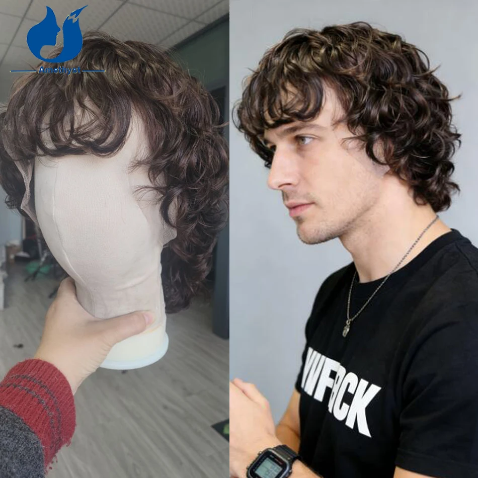 Peruca Curta Cacheada Marrom Escuro Masculina Amethyst de Cabelo Humano, Peruca Frontal de Renda 13x6 com Corte Mullet, Cabelo Remy Brasileiro Colorido # 2 com Franja