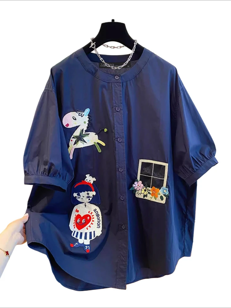 ZANZEA Summer Shirts Fashion Women O Neck Short Sleeve Blouse Casual Buttons Blusas Stylish Cartoon Tops Female Chemise Oversize