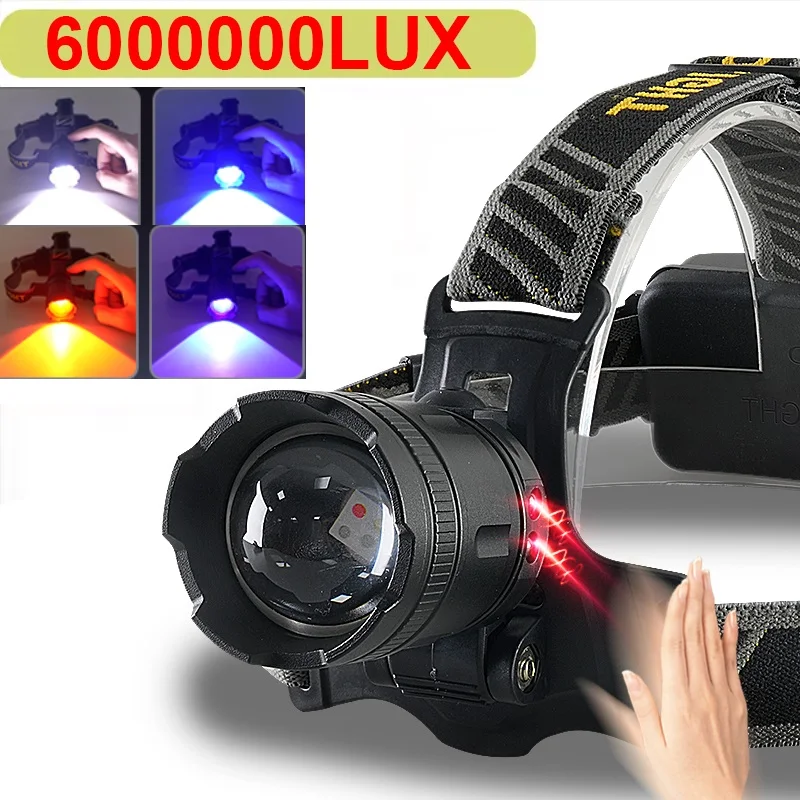 

6000000LUX Upgrade Sensor Head Lamp Four Light Sources Super Bright USB Rechargeable Headlight Waterproof Head Torch for Camping