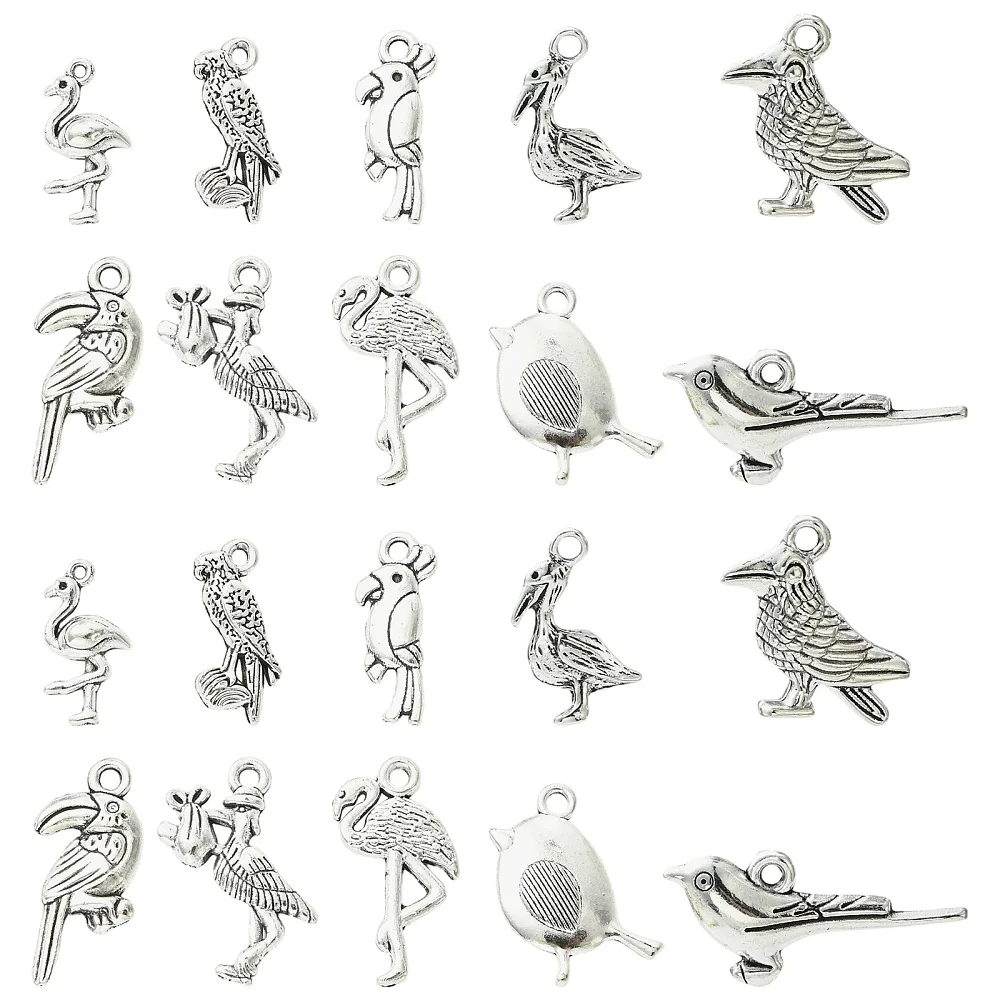 

80pcs Mixed Antique Silver Bird Charms Tibetan Style Alloy Flamingo Parrot Crow Toucan Pendant for Jewelry Decor Earring Making