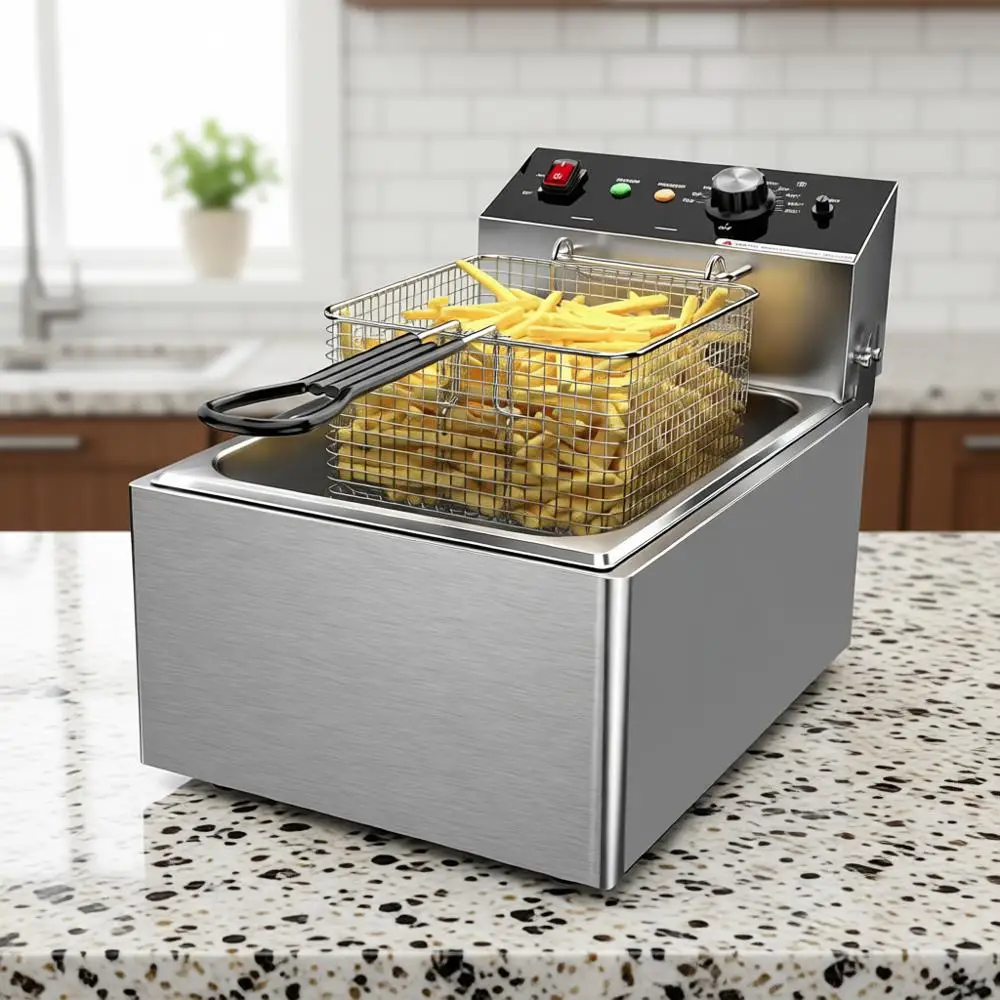 

Single Tank Deep Fryer with Basket, 10L (10.5QT), Electric Countertop, Stainless Steel, 1700 Watts, 110V