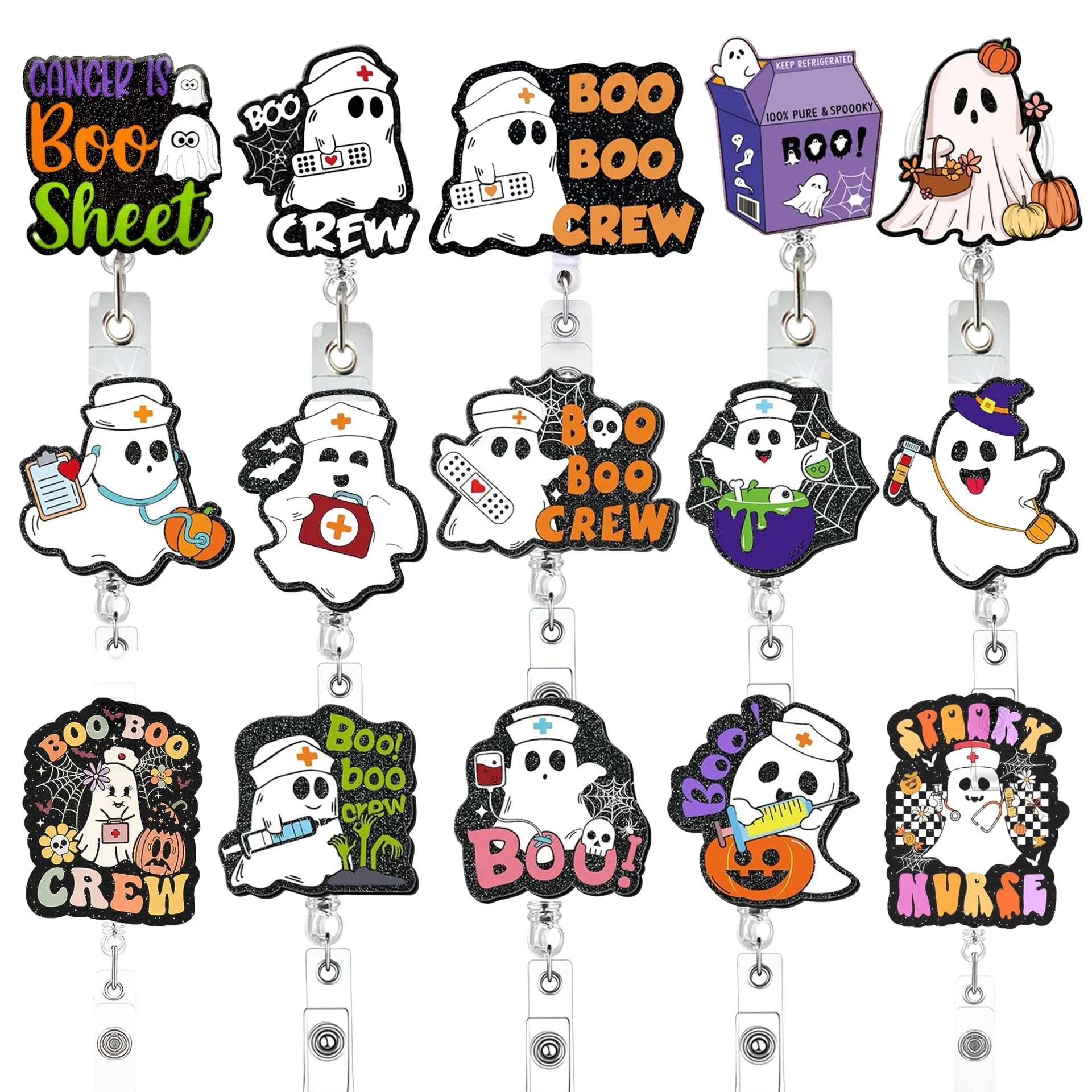 2026 New Design 1 Piece Anime Halloween Style Boo Pumpkin Retractable Name Tag ID Card Holder Nurse Badge Reel Keys Lanyard