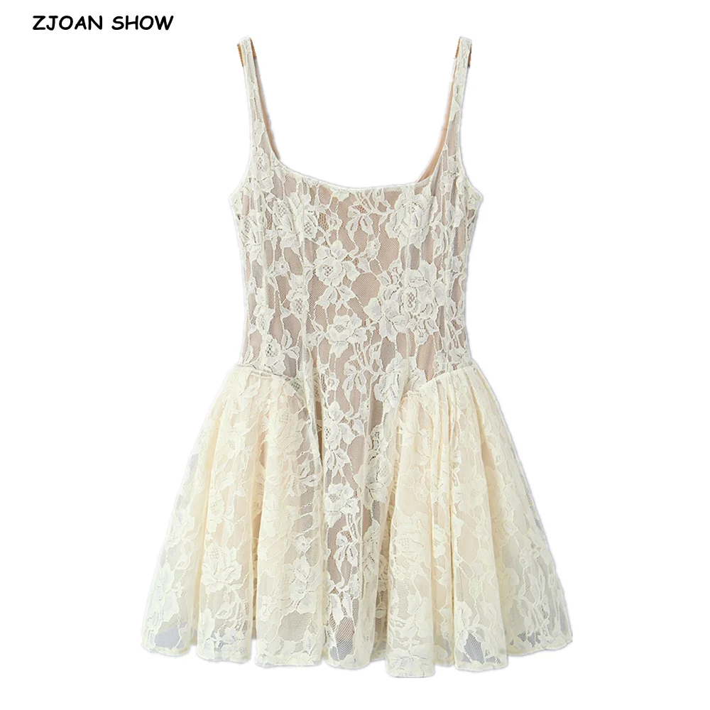 Sexy Beige Scava Fuori Maglia di Pizzo Sling Mini Abito da Donna Colletto a U Vita Bassa Increspato Altalena Abito di Sfera Abiti da Festa Abiti Robe