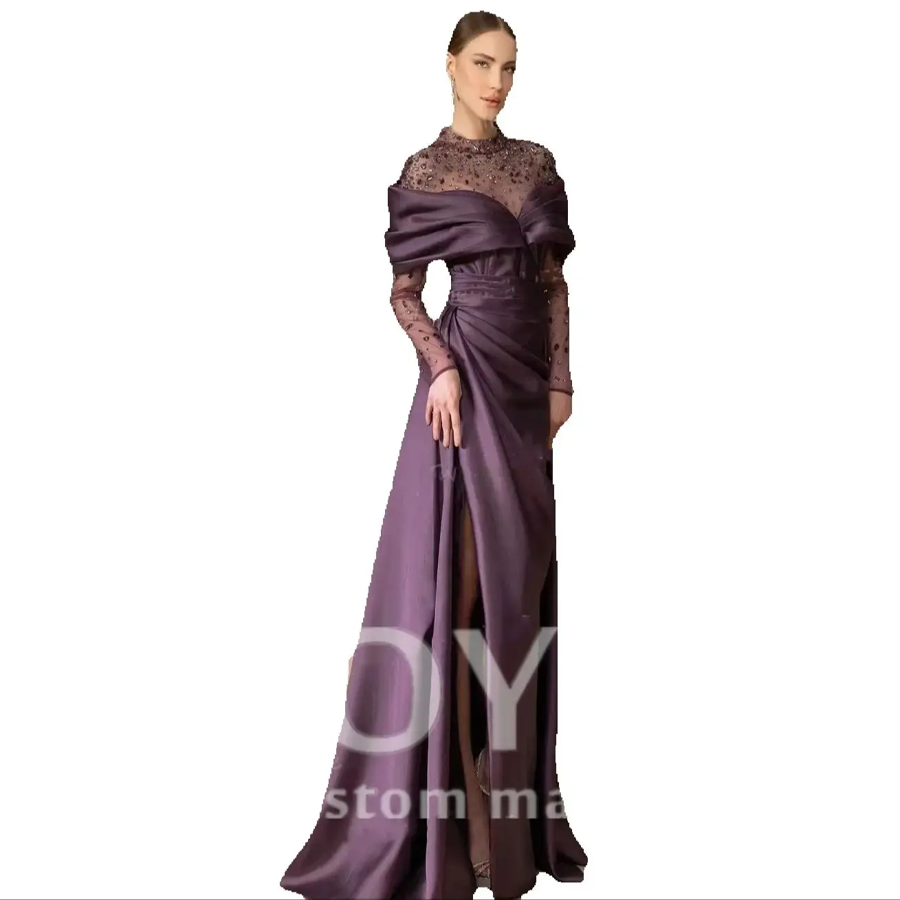 Perlenbesetzte Abendkleider mit hohem Kragen, Meerjungfrauen-Stil, sexy, lange Ärmel, Ballkleider, herzförmiger Ausschnitt, A-Linie, modische Partykleider, Vestidos Novia, personalisiert