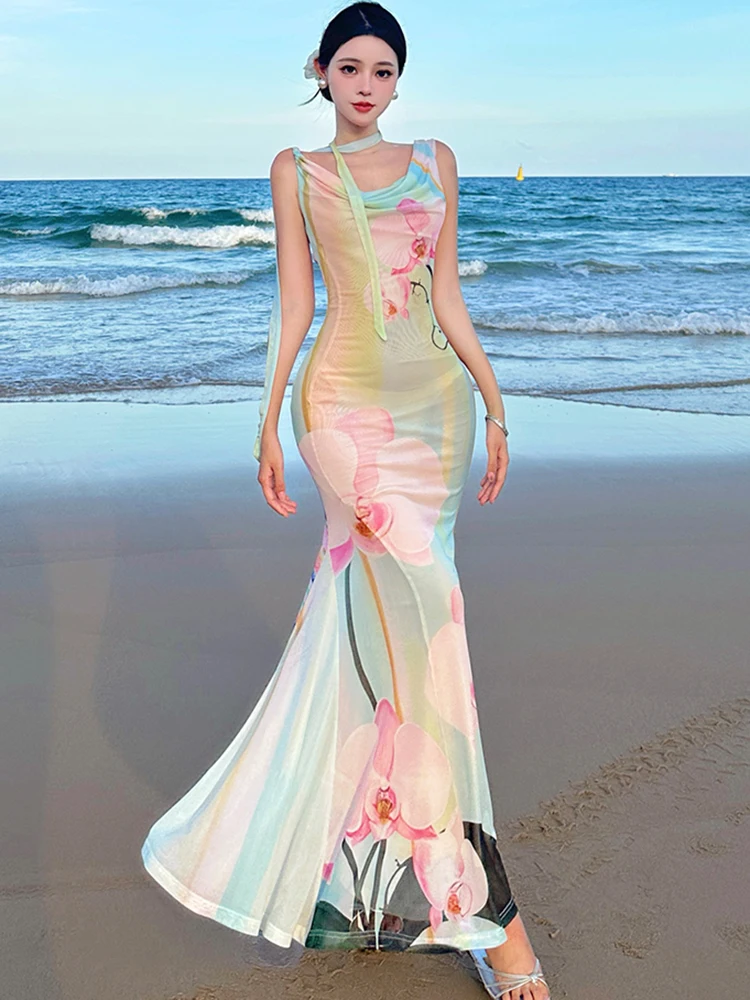 Summer Floral Chic Swinging Collar Sexy Sling Dress Women Boho Elegant Casual Holiday Dress 2025 Korean Bodycon Festival Dresses