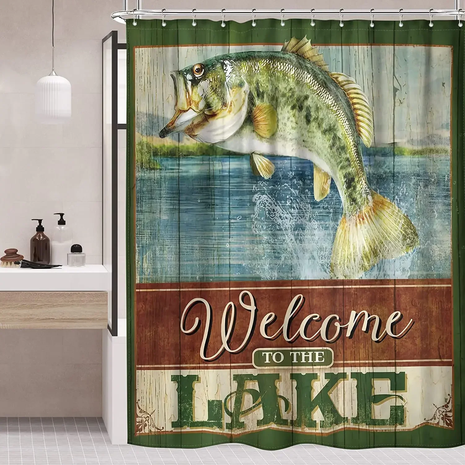 Primordial Presence Fishing Shower Curtain Welcome To The Lake Rustic Quotes Cabin Wooden Plank Fabric Waterproof Decor