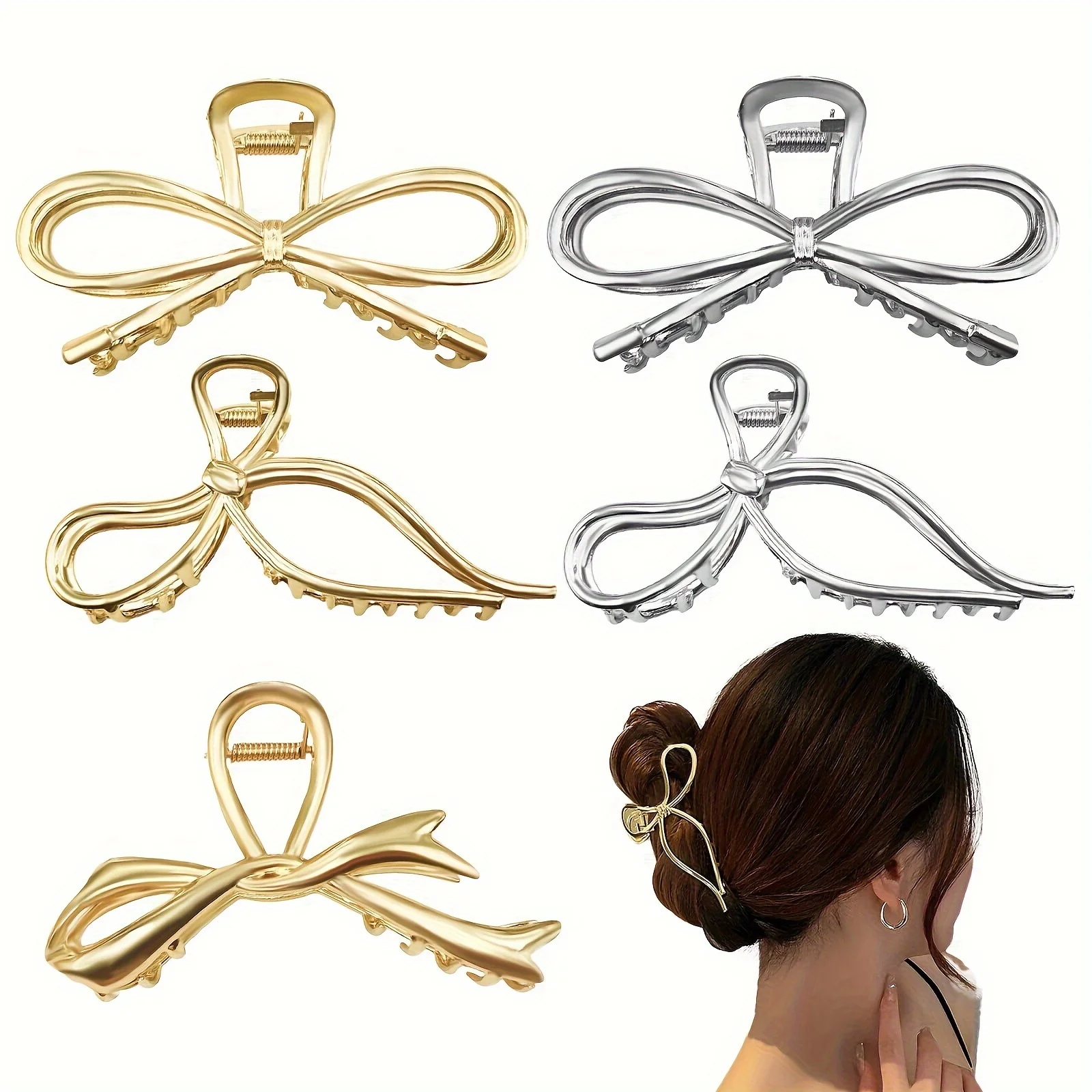 คลิปหนีบผมรูปโบว์อัลลอยด์ขนาดใหญ่สีทองสีเงินกิ๊บหนีบผมรูปปลาฉลามกิ๊บโบว์สำหรับผู้หญิงเครื่องประดับผม