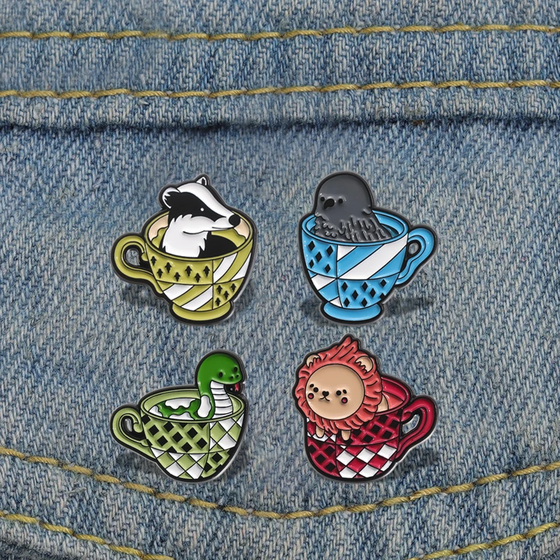 Cup Animal Enamel Pins Custom Snake Lion Owl Dog Brooches Lapel Badges Animal Jewelry Gift for Kids Friends