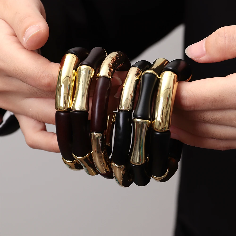 Trendy Matte Black Golden Color Tube Bead Elastic Bracelets for Women Fashion Acrylic Curved Bangles Autumn Winter Jewelry
