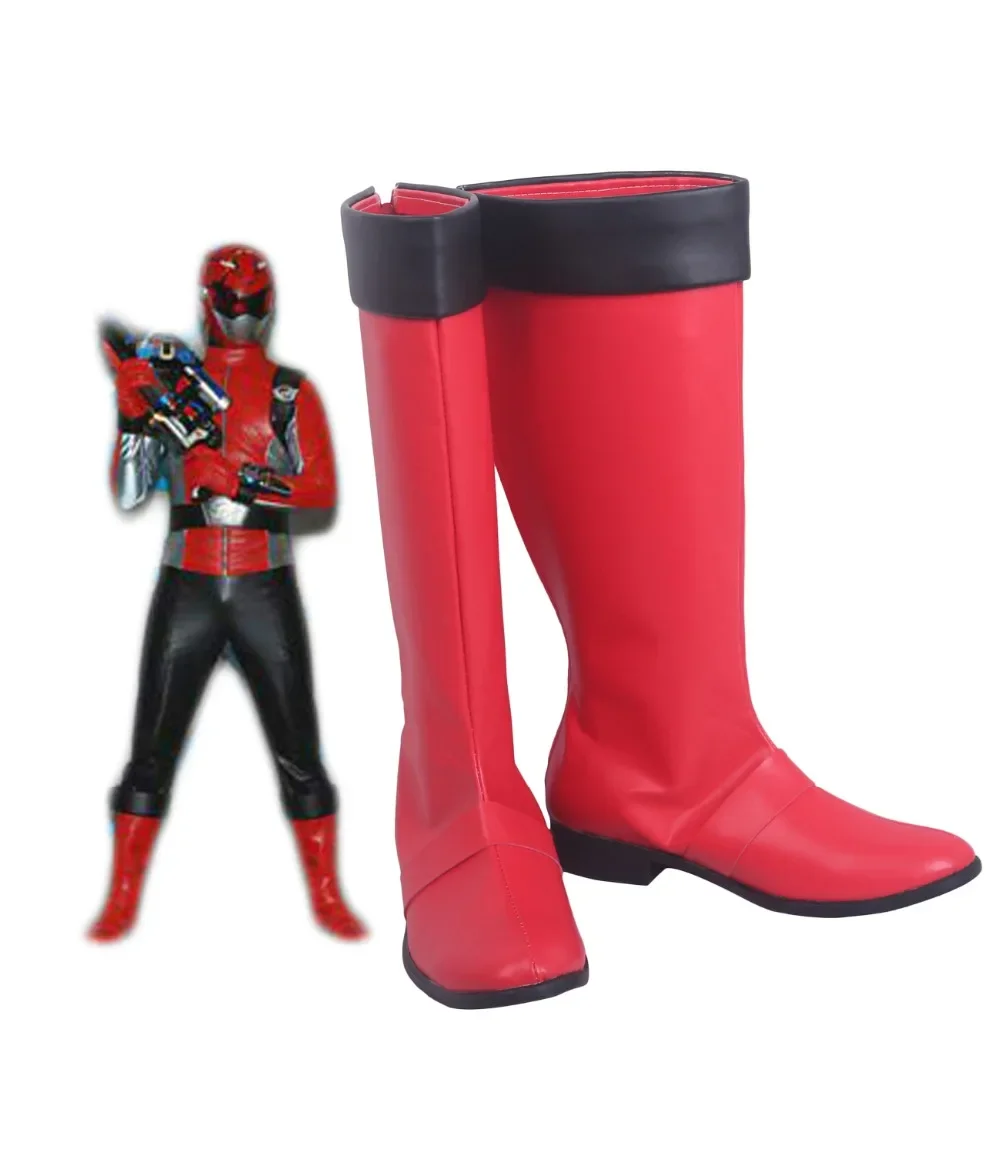 Super Sentai Go-Busters Red Buster Cosplay Boots - Red Leather Hero Costume Shoes, Custom Unisex Collection
