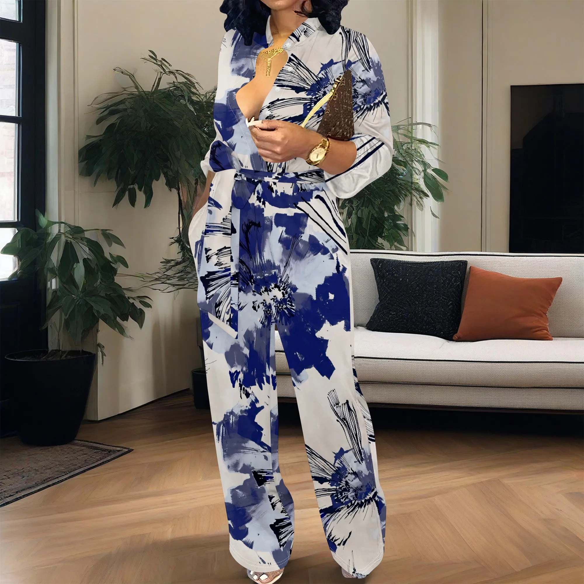 Women’s Long Sleeve Belted Jumpsuit Blue Ink Print V Neck Elegant One Piece Romper Casual Daily Outfit