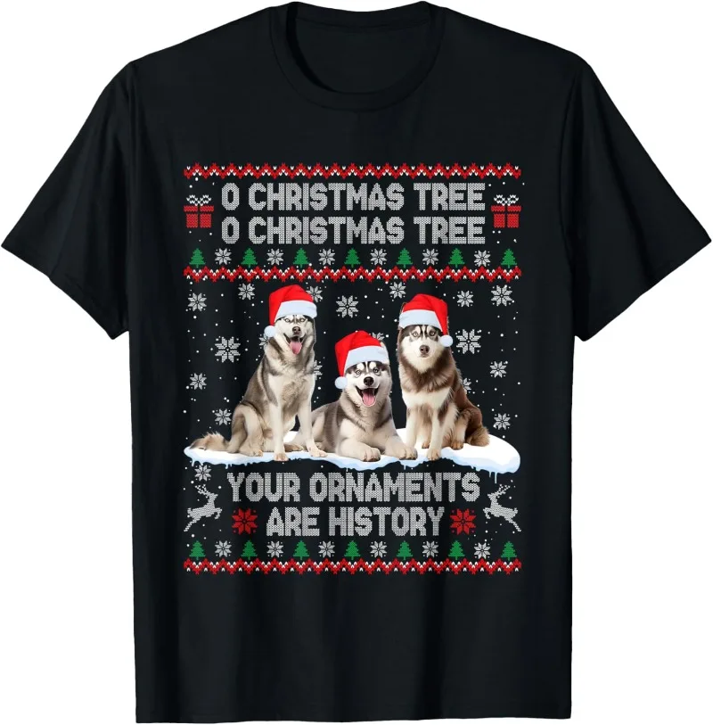 Siberian Husky Dog Shirts Ugly Sweater Christmas Light Xmas Pajama T-Shirt Funny Husky Shirt Cute Graphic Christmas T-shirt
