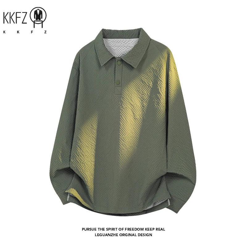 Men Minimalist Cropped Long Sleeve Polo Top Half Button Lapel Waffle Texture For Everyday Urban Casual Dressing