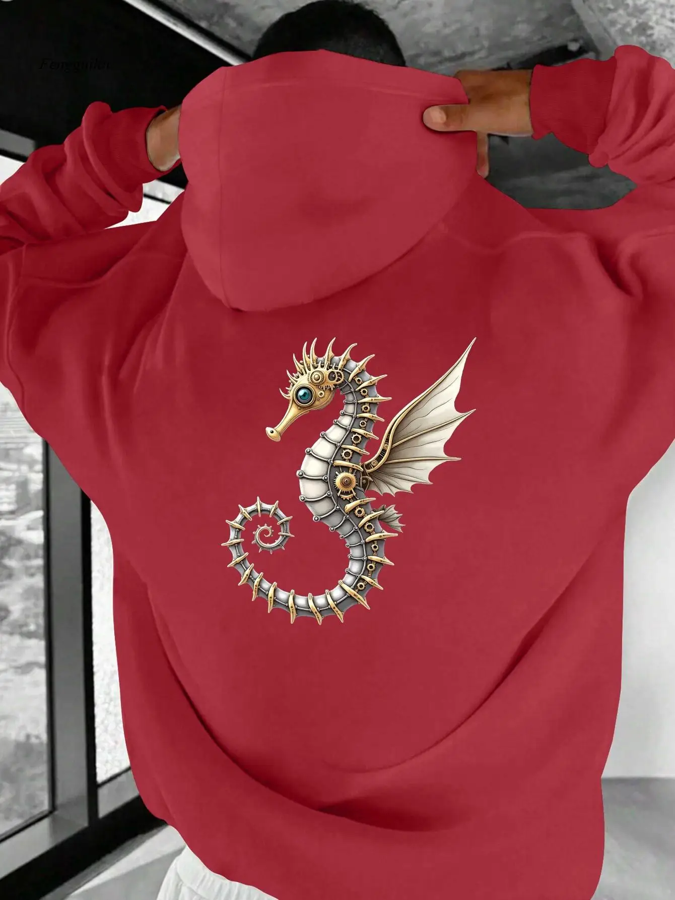 

Толстовка с капюшоном в стиле стимпанк Seahorse Mechanical Fusion — золотистые тона шестерни и принт на спине Seahorse