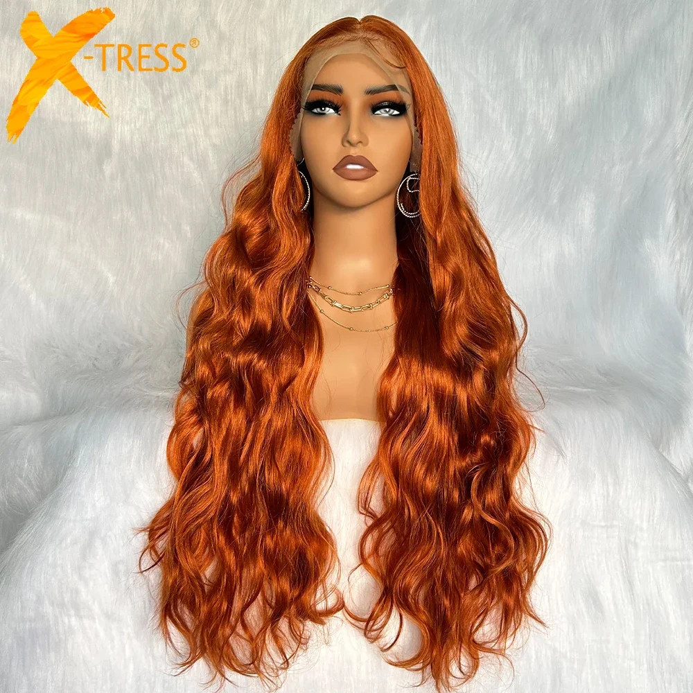 

Long Body Wave Ginger Colored Synthetic Lace Front Wigs with Baby Hair X-TRESS 13X6 Lace Frontal Hairstyle for Women Daily Use