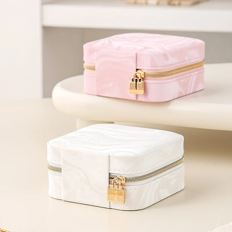 

Marble Leather Jewelry Box Mini Square Zipper Portable Ring Necklace Organizer Gift For Women