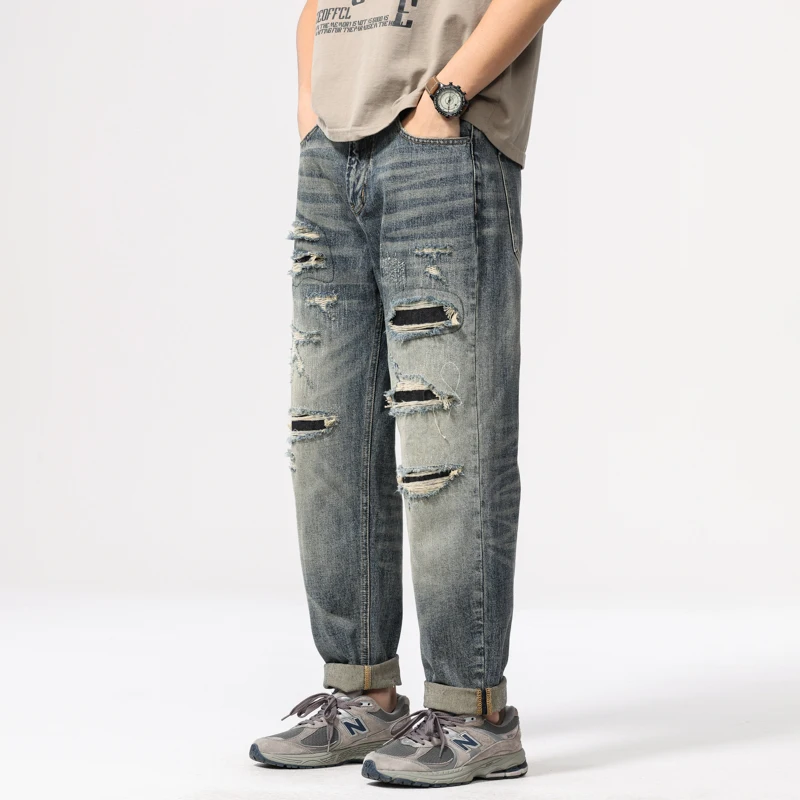 

BYCL903 American retro tide heavy wash new loose versatile personalised holes patch Harlan jeans men