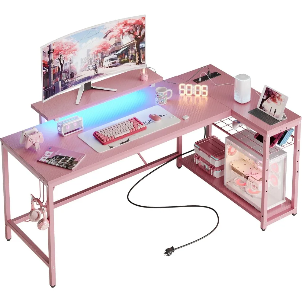 مكتب ألعاب على شكل حرف L من Bestier مع منافذ طاقة، مكتب زاوية صغير LED مع أرفف تخزين قابلة للعكس، مكتب كمبيوتر وردي مع #1