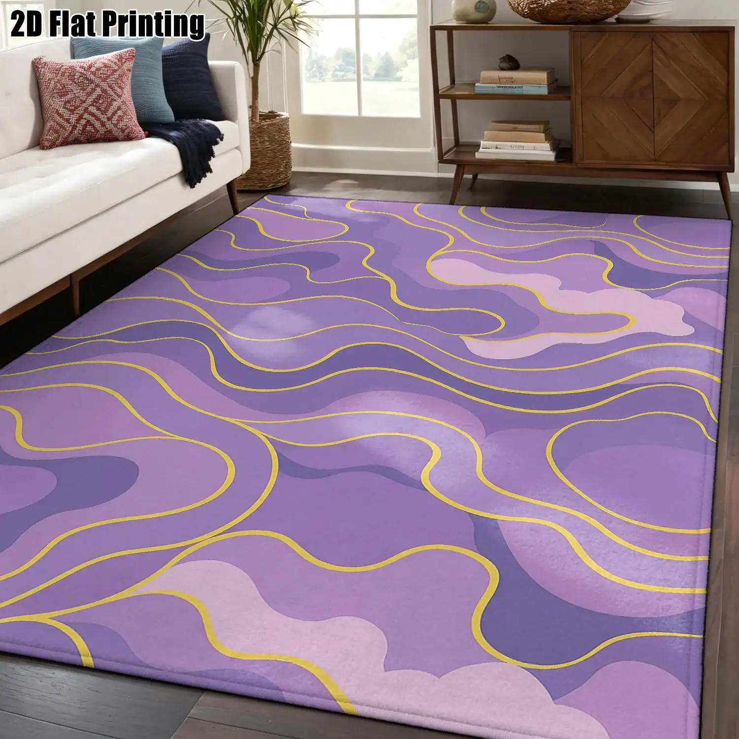 1Pc 2D Printed Purple Abstract Wave Nordic-Style Carpet, Instagram-Inspired Geometric Striped Bohemian Doormat, Home Decor, Multi-Size, Machine-Washable, for Entrance, Dining, Foyer, Bedroom, Living Room