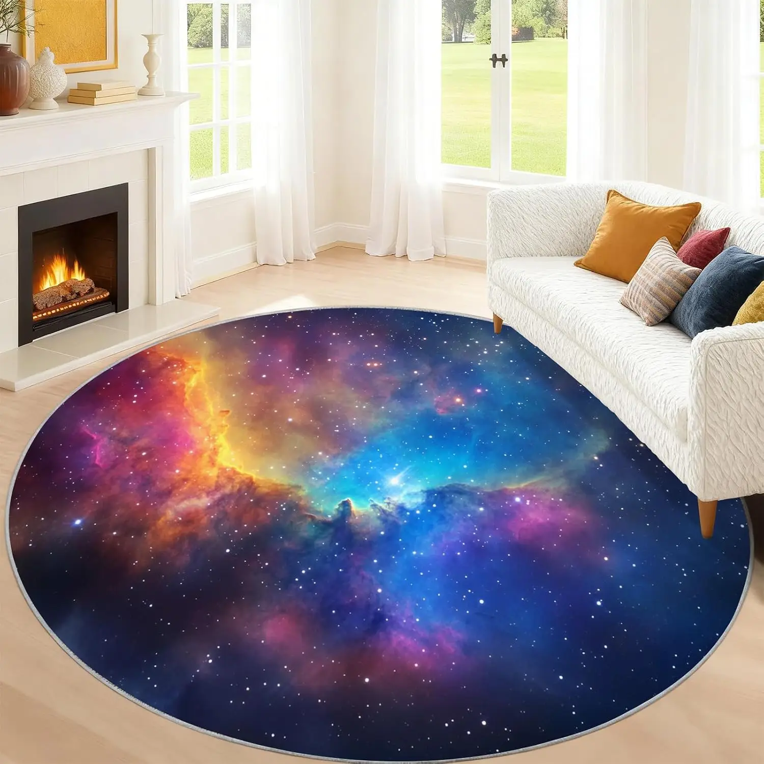 Round Galaxy Nebula Space Cushion Mat Rug Polyester Floor Carpet Luxury Cosmic Stars Artwork Decor Accent Throw Mat for Living R
