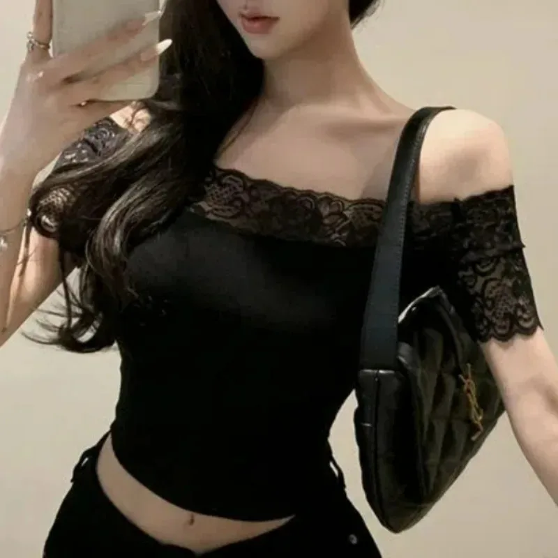 Women Clothing Summer Sexy Off Shoulder Lace Patchwork Skinny Crop Tops Y2K Female Casual Sweet Solid Short Sleeve Basic T Shirt