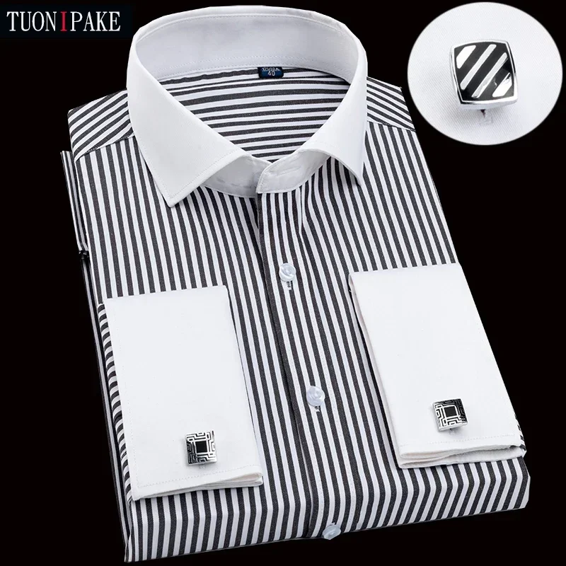 Men's French cufflink shirt long sleeved spring style multi-color collar high collar slim fit collar formal striped shirt