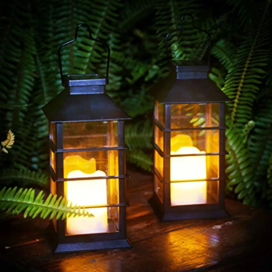 2 Pack Outdoor Garden Hanging Lanterns with Waterproof LED Flickering Flameless Candle Solar Powered Lights Yard Decor Outdoor