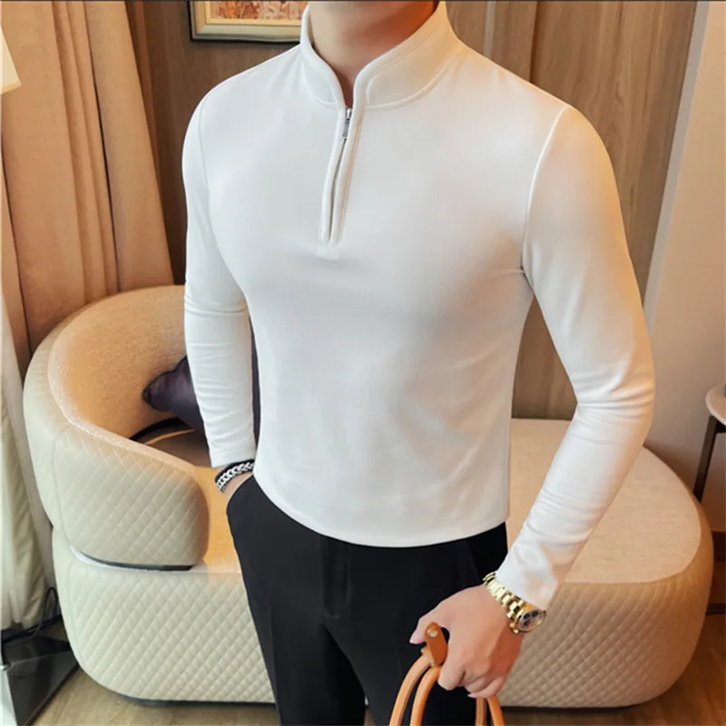 

Autumn Winter Men's Half Zipper T-Shirts Long Sleeve Thick Slim Fit Casual Tshirt Men Solid Color Stand Collar Warm Tees Tops