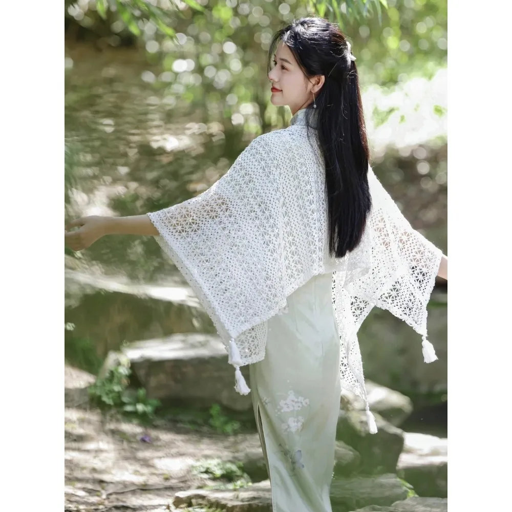 Hollow Knitted Ethnic Style Shawl Travel Cheongsam Cloak Ponchos Coats Women Jackets Streetwear Fairy Fashion Clothes Clothing