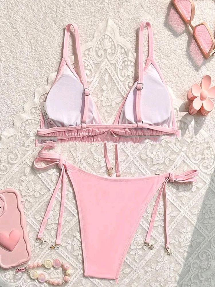 Fashion Sexy High Waist Solid Bikinis 2 Piece Set Women Lace Up Split Swimsuit Backless Beach Bikini 2026 New Summer Bikinis Set
