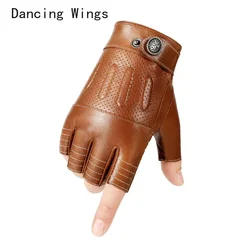 Men Genuine Leather Gloves Fingerless Mittens Black Half Finger Outdoor Tactical Mens Leather Driving Gloves