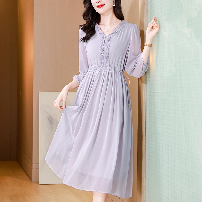 

Elegant Dresses For Women 2024 Summer V-neck Three Quarter Sleeve Women's Solid Dress 100% Real Silk Woman Long Dress A-line