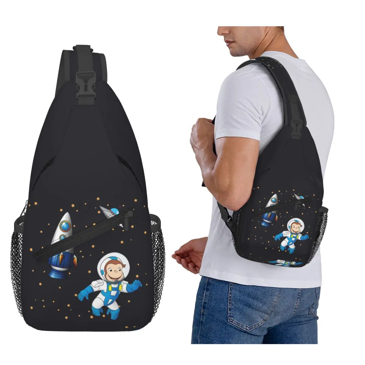 

George The Curious Monkey Astronaut Cartoon Chest Bag Men Sling Crossbody Backpack Chest Bag Traveling Daypack Shoulder Bag