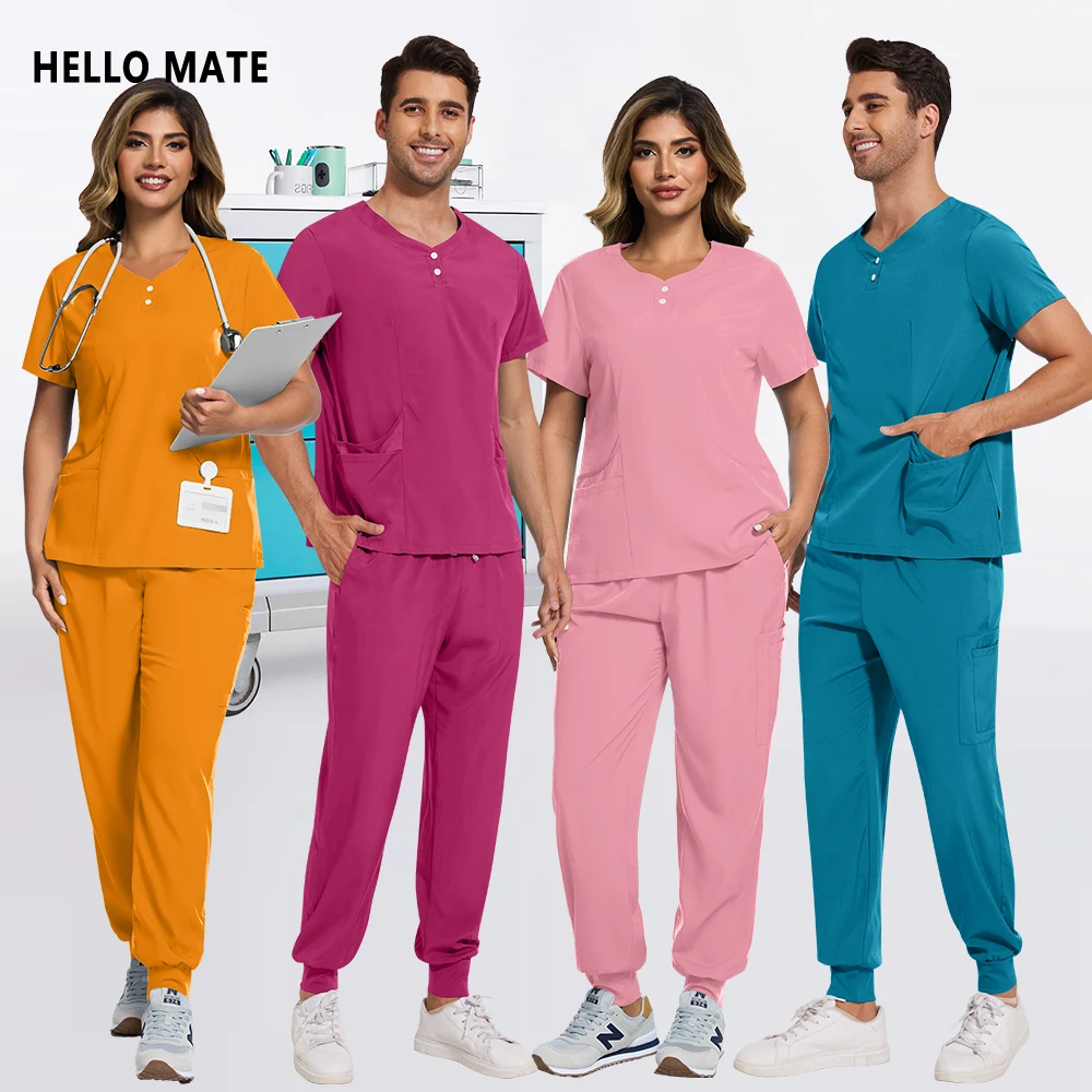 유니섹스 2pcs 임상 스크럽 세트 병원 간호사 유니폼 여성용 포켓 블라우스 조깅 바지 탄성 착용 의료 간호 의류