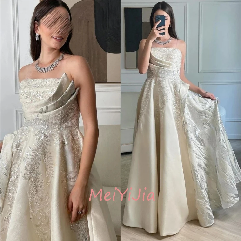 MeiYiJia Strapless Sleeveless Simple Grace Embroidery Satin Ruffle Saudi Arabia Sexy Evening Birthday Club Outfits Summer 2024