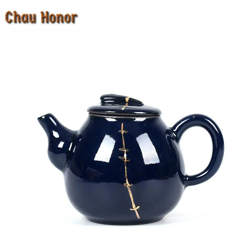 260ml Retro Kiln Fambe Ceramic Teapot Handmade Outline In Gold Longdan Pot Pu'er Longjing Dahongpao Master Pots Gift Packaging