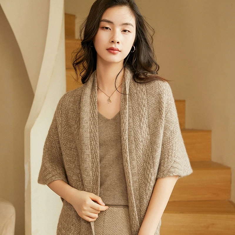 

Knitted Triangle Shawl for Women, 100% Goat Cashmere Tops, Western Region Style, High Quality, 2021 Winter