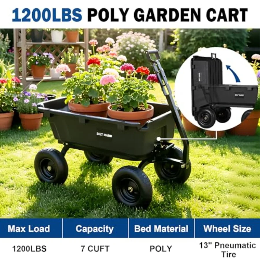1200 lbs Poly Garden Dump Cart, 7 Cu Ft Capacity Heavy Duty Garden Carts, Quick Release, 2-in-1 Convertible Handle for Yard, Ou
